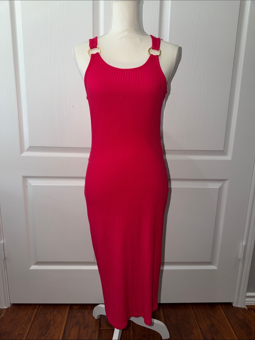 MICHAEL Michael Kors Hot Pink Ribbed Midi Dress with Gold Ring Straps